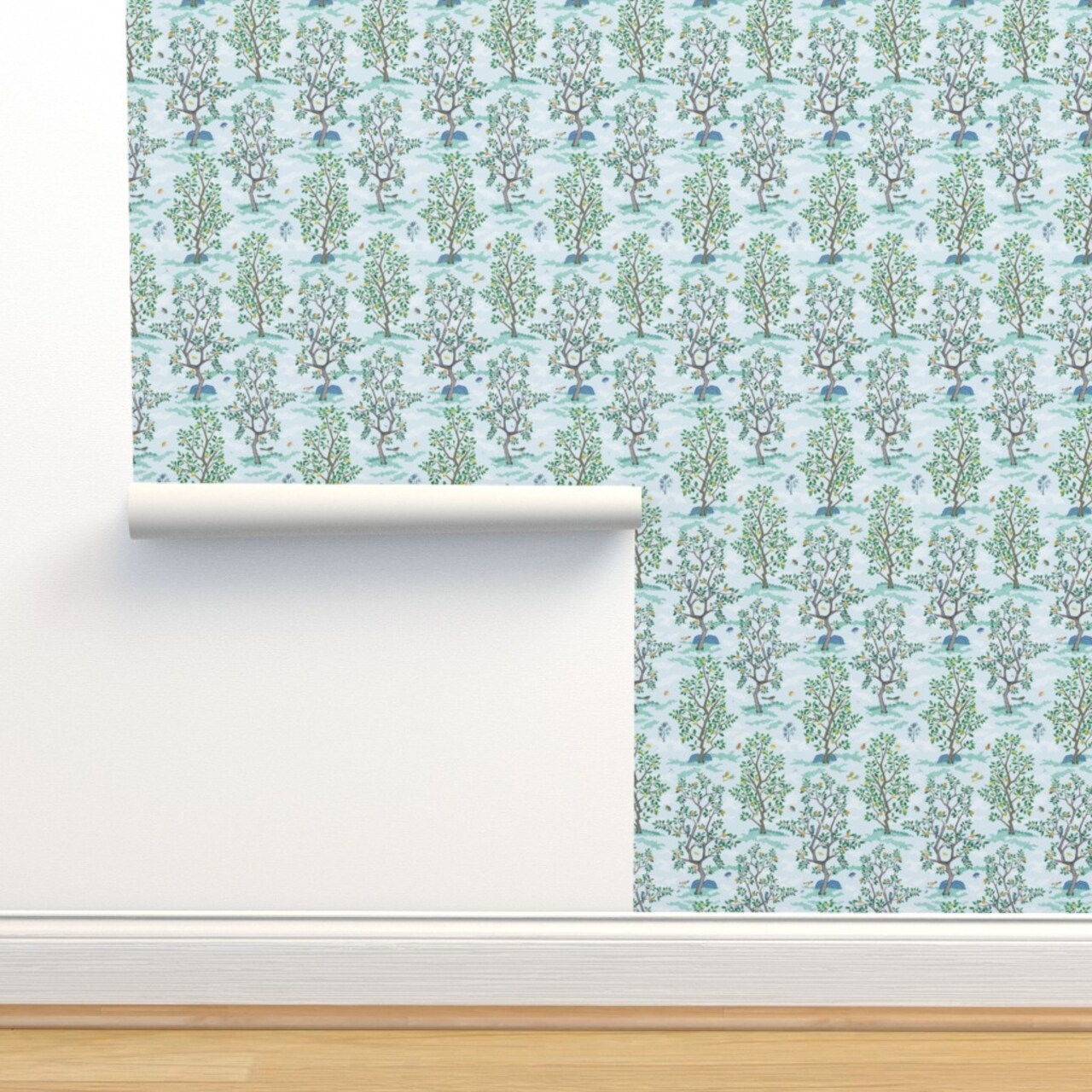 Blue Floral Citrus Tree Botanical Toile Fruit Grove Woodland Farm Lemon Orange Lime Small Scale Custom Removable Wallpaper by Spoonflower Peel & Stick Wallpaper 2FT Wide